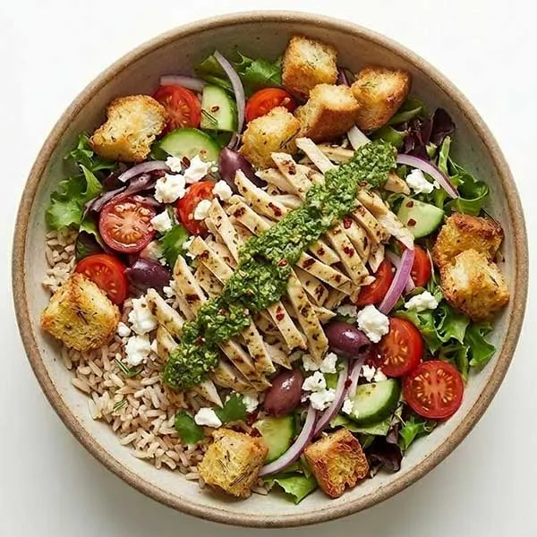 Lemon herb mediterranean chicken salad with rosemary croutons